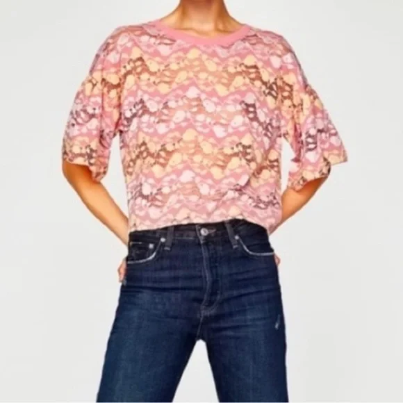 ZARA Blouse Pink Short Bell Sleeve Lace Crop Ribbed Round Neck Sheer Top… - Picture 3 of 15